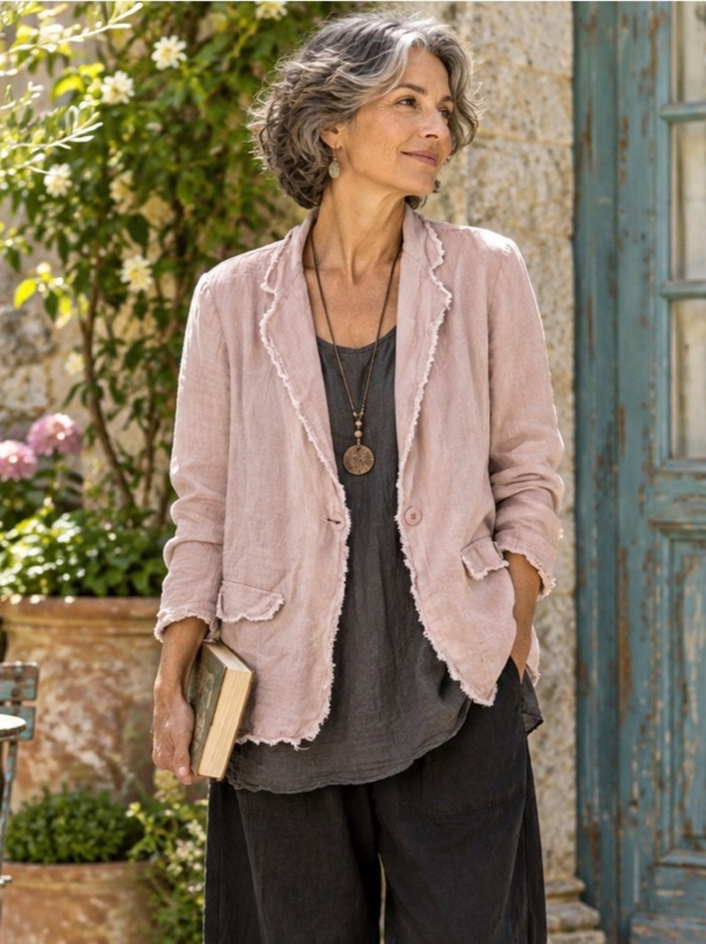 100% Linen Italian Pink Blazer Jacket Raw Edge Boho Size L Lagenlook Lightweight